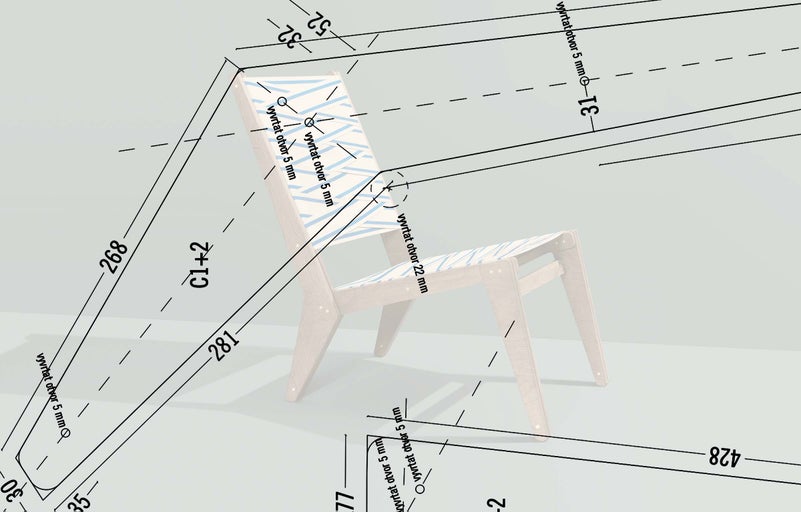 Technický nákres drevenej stoličky s rozmermi