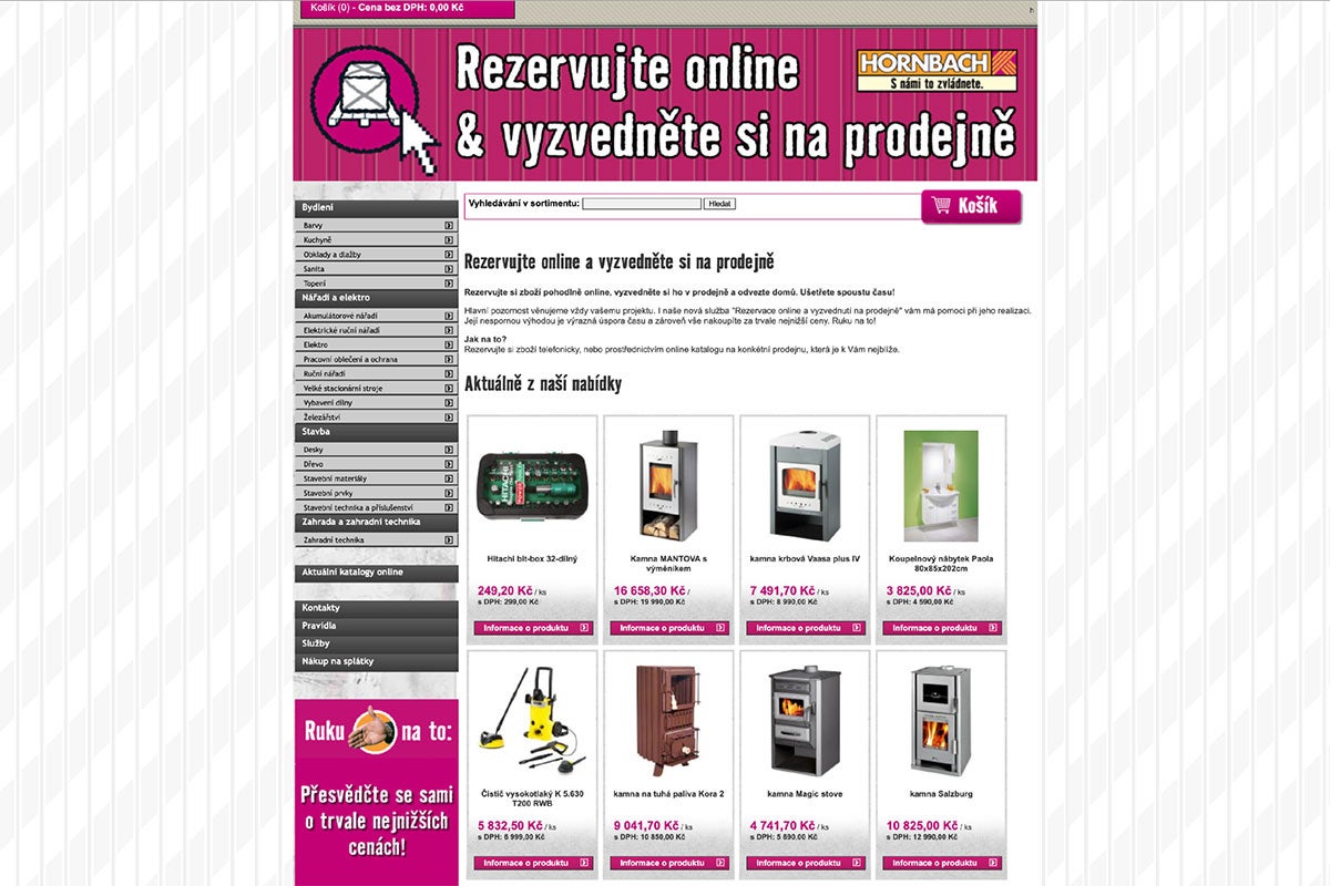 Náhľad webshopu Hornbach s online rezerváciou a výberom produktov