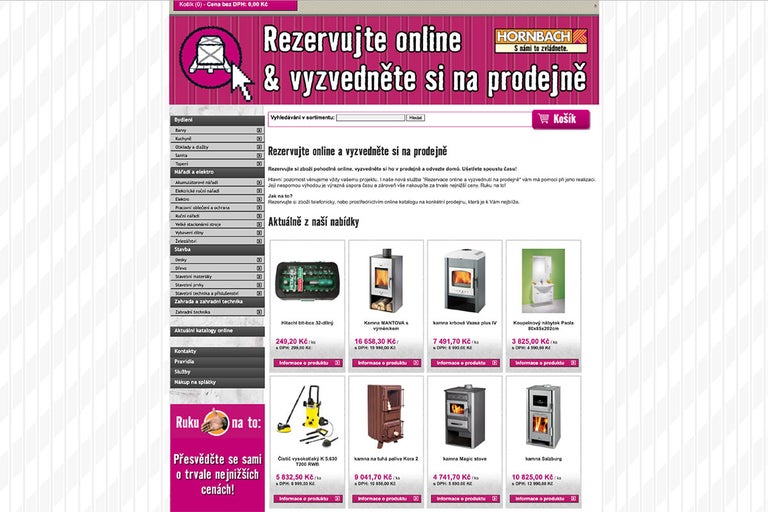 Náhľad webshopu Hornbach s online rezerváciou a výberom produktov