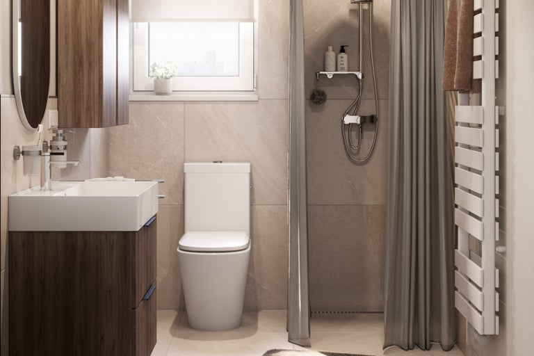 Svetlá kúpeľňa s umývadlom, toaletou a sprchou