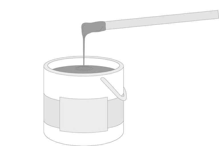 Ilustrácia vedra na farbu s miešacou tyčinkou, z ktorej odkvapkáva farba do nádoby.