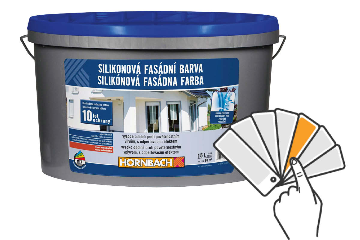 Vedro silikónovej fasádnej farby s vejárom farieb a logom Hornbach
