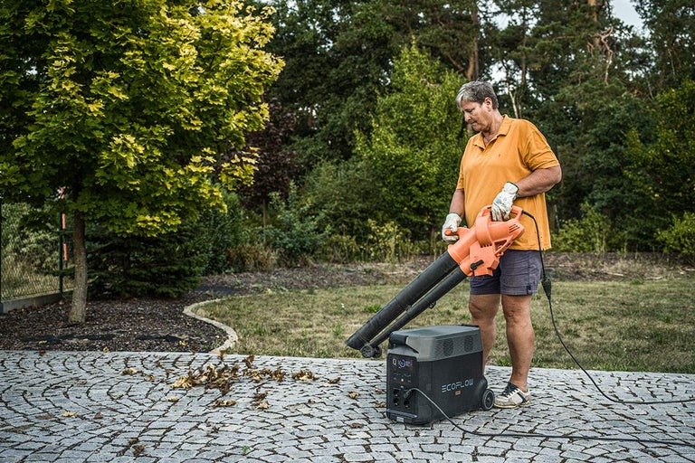 Osoba používa fúkač lístia vedľa napájacej stanice EcoFlow na záhradnícke práce.