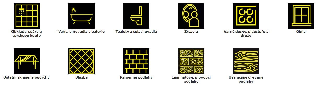 Symboly pre obklady, škáry a sprchové kúty, vane, umývadlá a batérie, toalety a splachovače, zrkadlá, varné dosky, digestory a drezy, okná, ostatné sklenené povrchy, dlažba, kamenné podlahy, laminátové podlahy, uzamknuté drevené podlahy