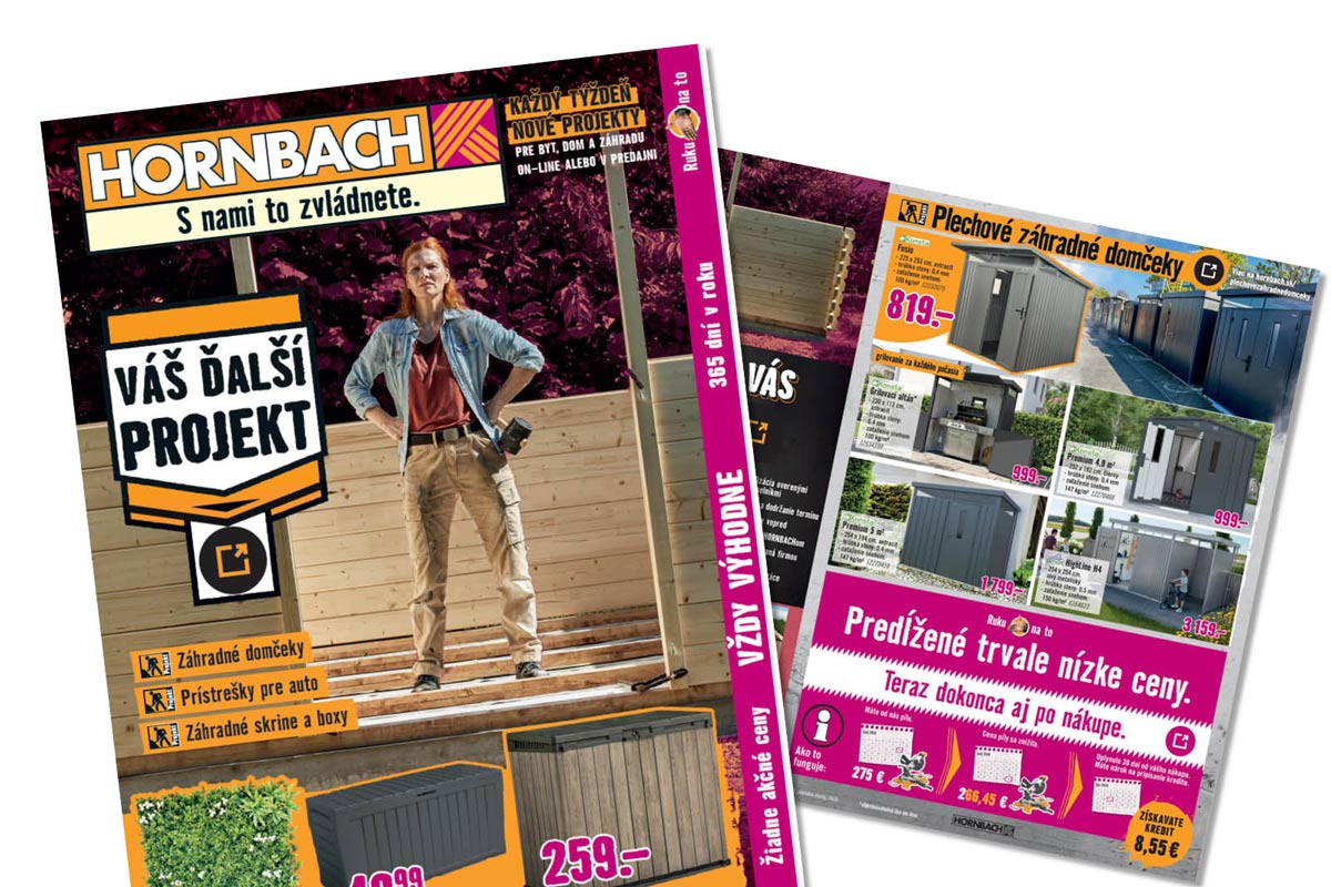 Hornbach leták pre záhradné projekty, záhradné domčeky, prístrešky pre autá a úložné boxy. Hornbach Logo.