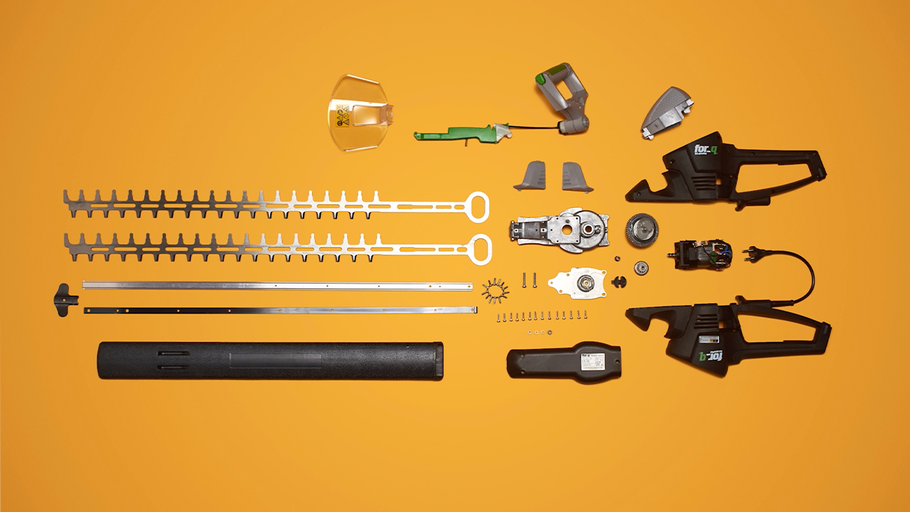 Rozložený nákres nožníc na živý plot zobrazujúci jednotlivé komponenty