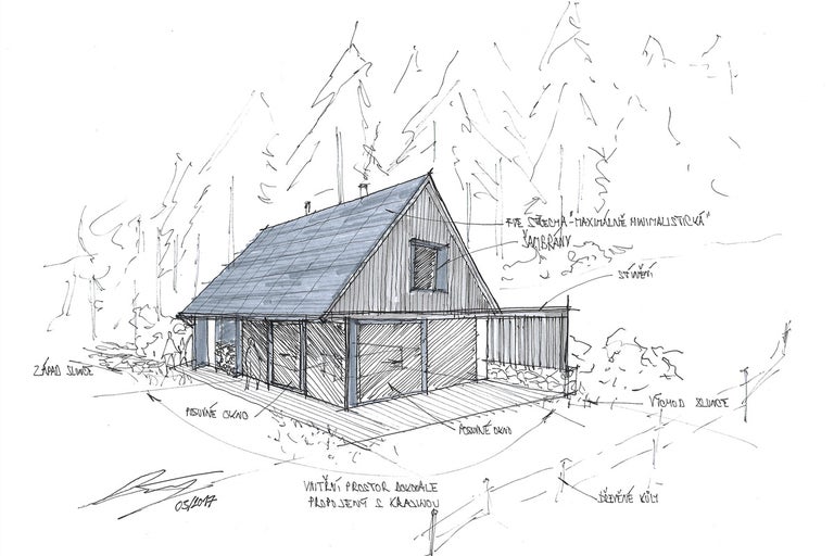 Nákres obytného domu so sedlovou strechou a veľkými okennými stenami