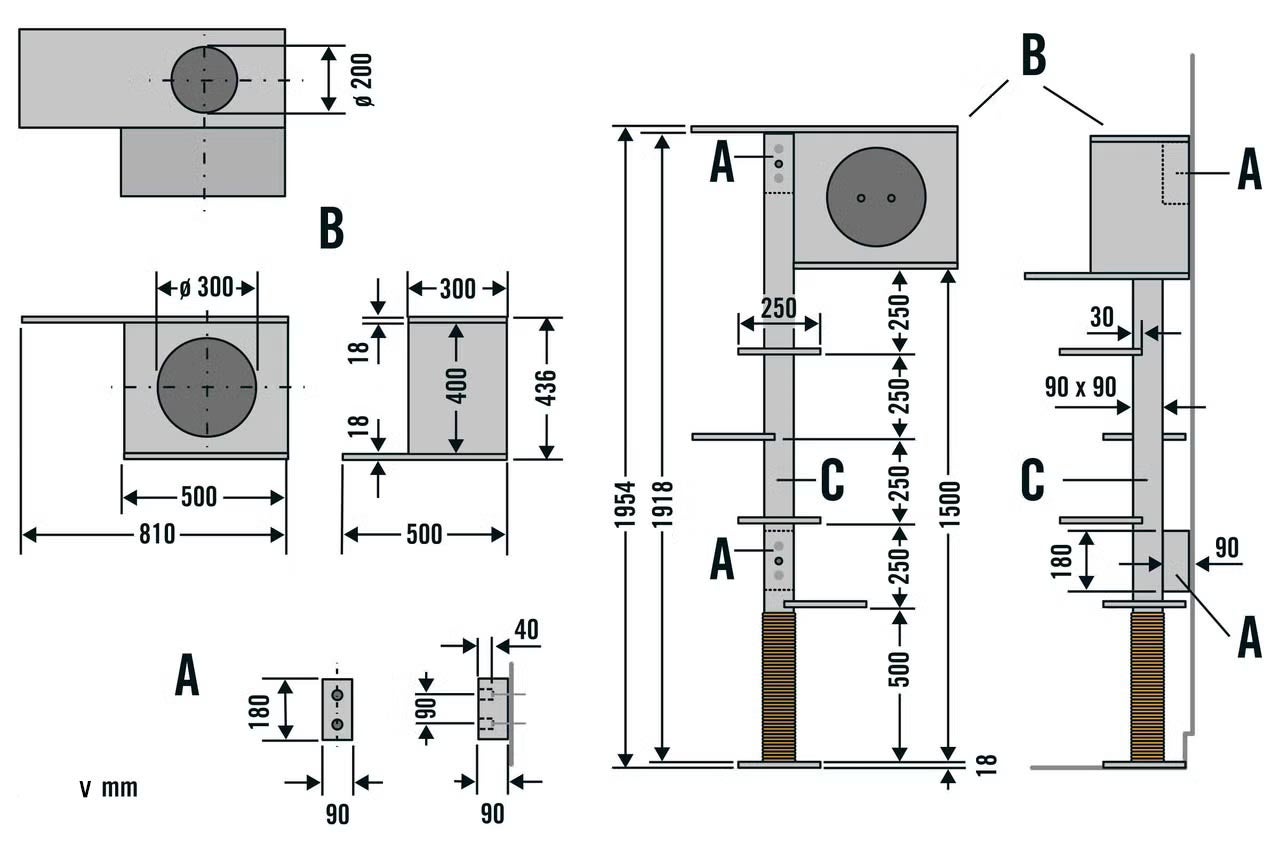 Technický nákres škrabadla pre mačky s rozmermi