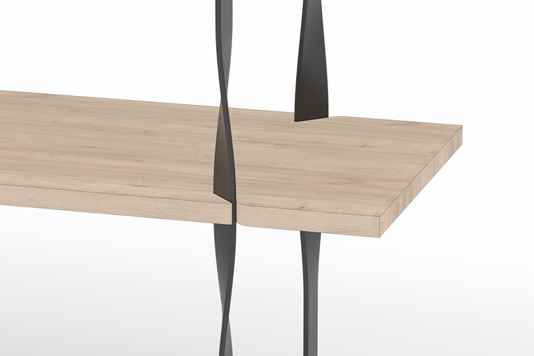 Detailný pohľad na stolové dosky so skrútenými nohami stola