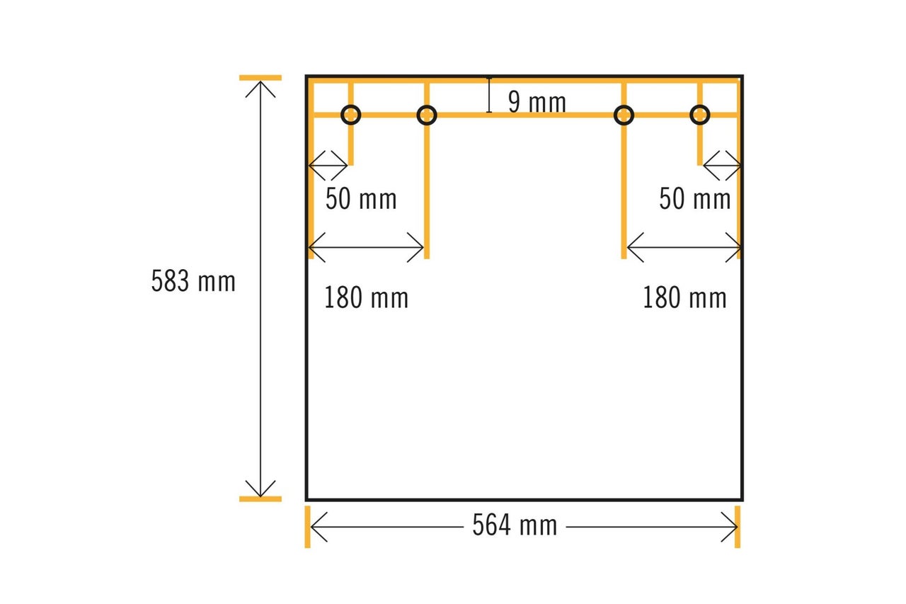 Technický nákres s rozmermi: výška 583 mm, šírka 564 mm, rozostupy 50 mm a 180 mm.