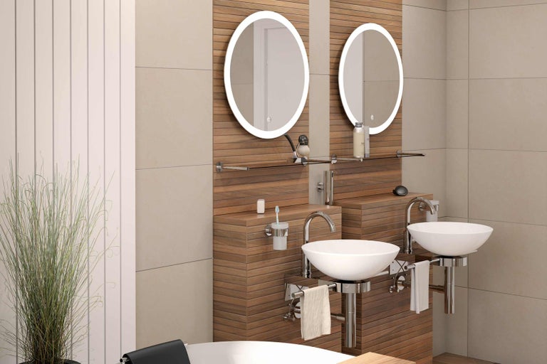 Svetlá kúpeľňa s dvoma umývadlami na dosku, osvetlenými zrkadlami a dreveným obložením pre moderný dizajn.