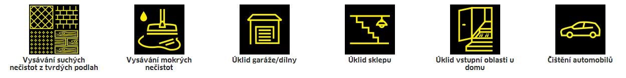 Symboly pre vysávače: tvrdé podlahy, mokré nečistoty, garáž, pivnica, vstupný priestor, auto