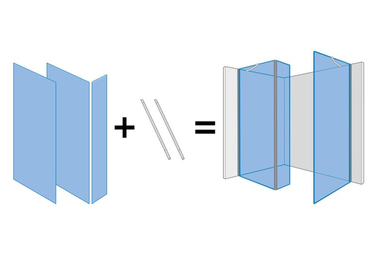 Nákres konštrukcie sprchovacieho kúta so sklenenými panelmi a tyčami