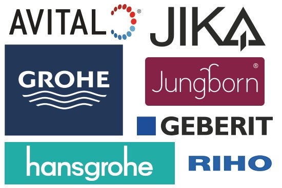 Logá rôznych výrobcov sanitárnej keramiky: Logo Avital, logo JIKA, logo Grohe, logo Jungborn, logo Geberit, logo Hansgrohe, logo Riho.
