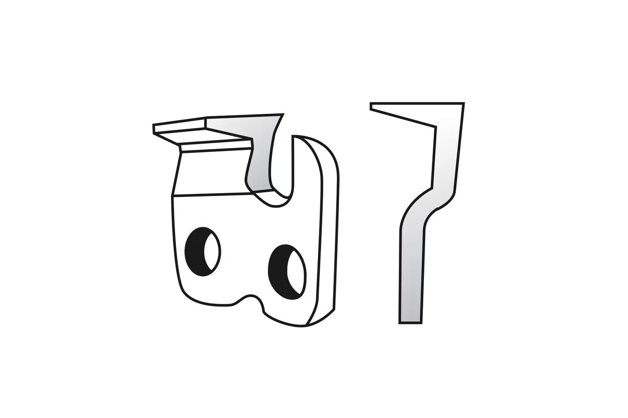 Ilustrácia rezacieho zuba pre pílovú reťaz v dvoch pohľadoch.