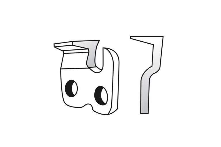 Ilustrácia rezacieho zuba pre pílovú reťaz v dvoch pohľadoch.