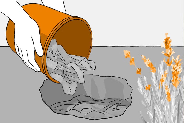 Ilustrácia: Osoba sype odpad z oranžového vedra na kompost.