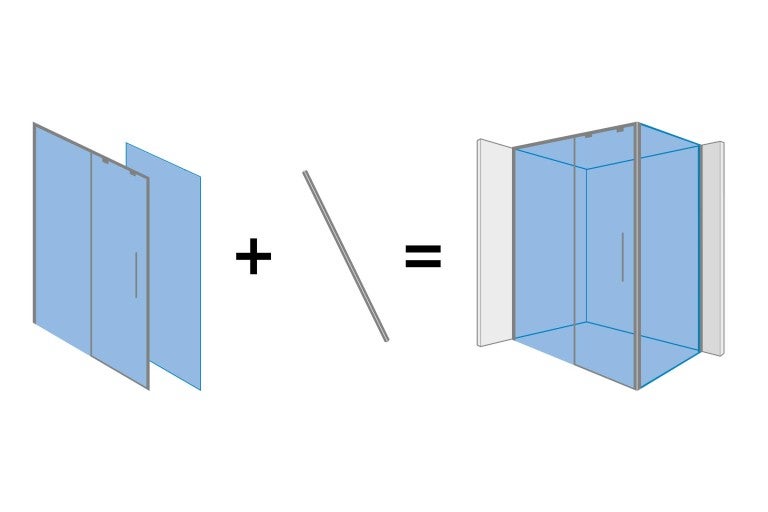 Ilustrácia sprchovacieho kúta, ktorý sa skladá z dvoch sklenených stien, stabilizačnej tyče a dohromady tvorí rohový sprchovací kút