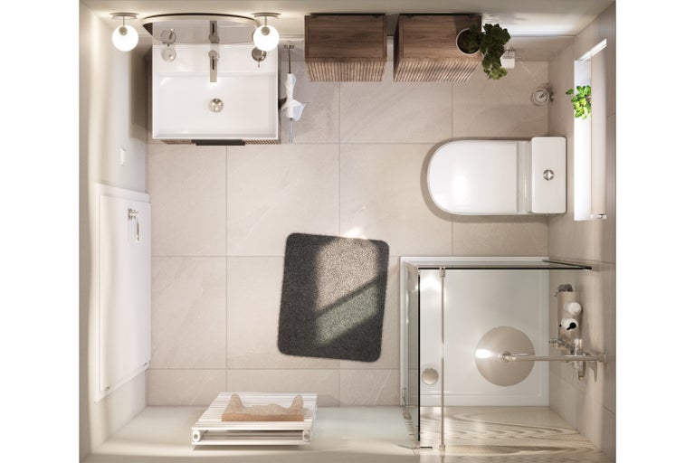 Pohľad zhora na kúpeľňu s umývadlom, toaletou, sprchou a kúpeľňovou predložkou