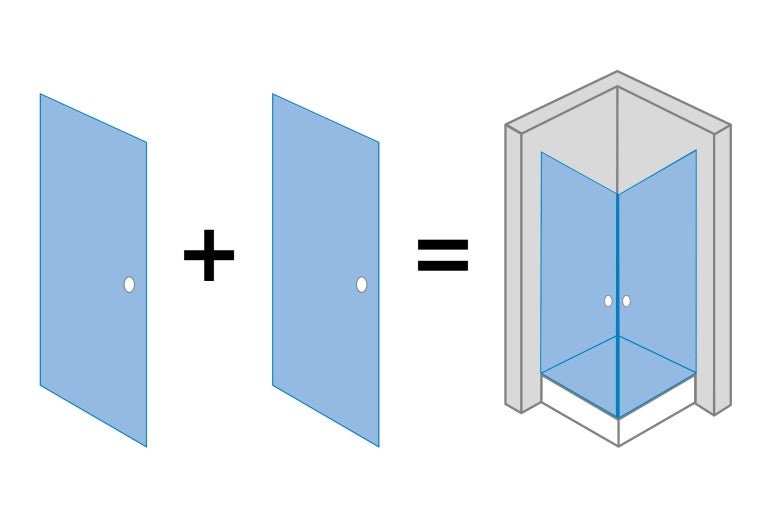 Ilustrácia zobrazuje dve sprchové steny, ktoré spolu tvoria rohový sprchovací kút.
