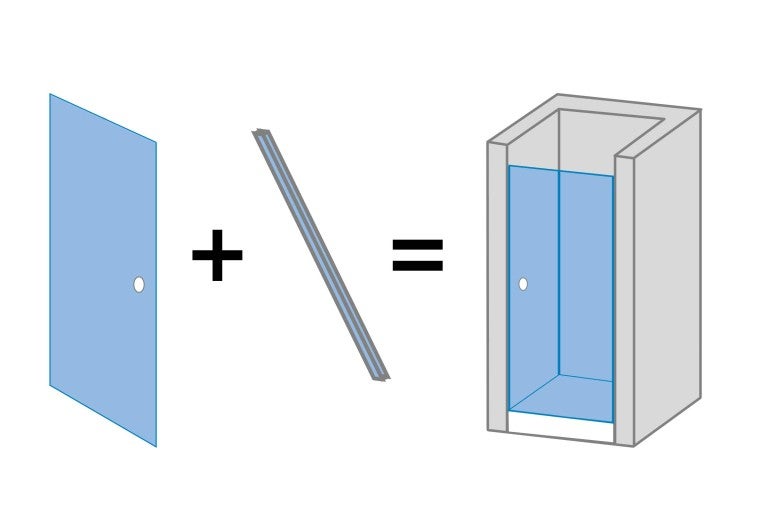 Grafické znázornenie sprchovacieho kúta, pozostávajúceho z dverí, profilu a sprchovej vaničky