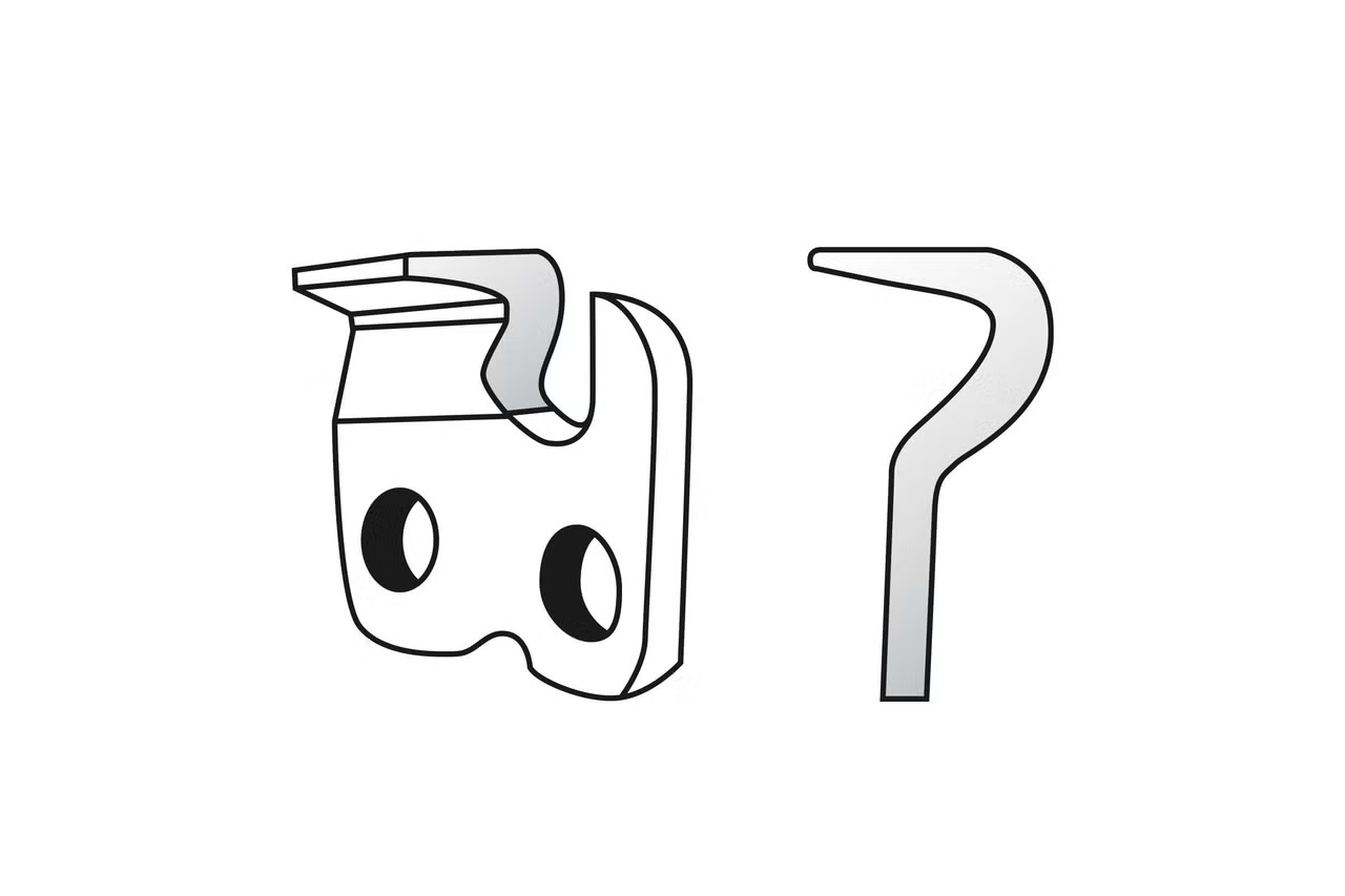 Technický nákres rezného článku a obmedzovacieho zuba pílovej reťaze pre reťazové píly.