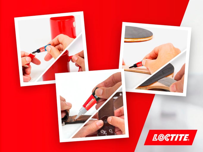 Príklady použitia lepidla Loctite na hrnčeku, stolnotenisovej rakete a opasku, logo Loctite