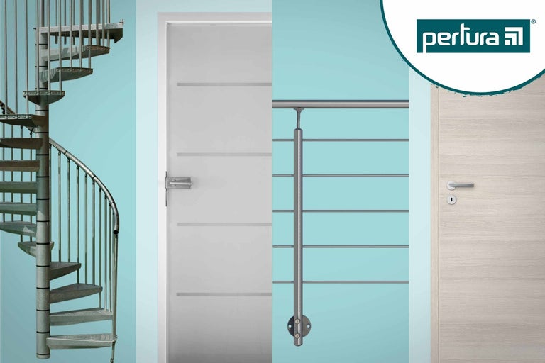Koláž rôznych produktov: točité schodisko, interiérové dvere, zábradlie a logo Pertura