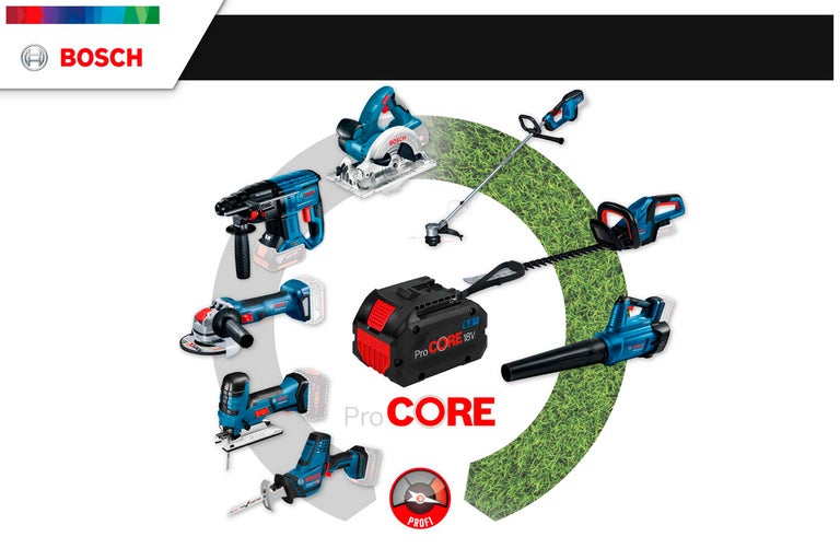 Logo Bosch a zobrazenie záhradného náradia a elektrického náradia značky Bosch