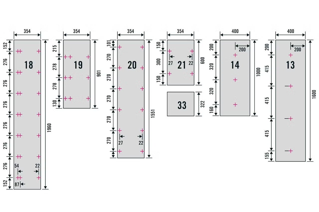 Technický výkres s rozmermi a schémami vŕtania pre rôzne nábytkové panely, očíslované 13 až 33, s rozmermi v milimetroch.