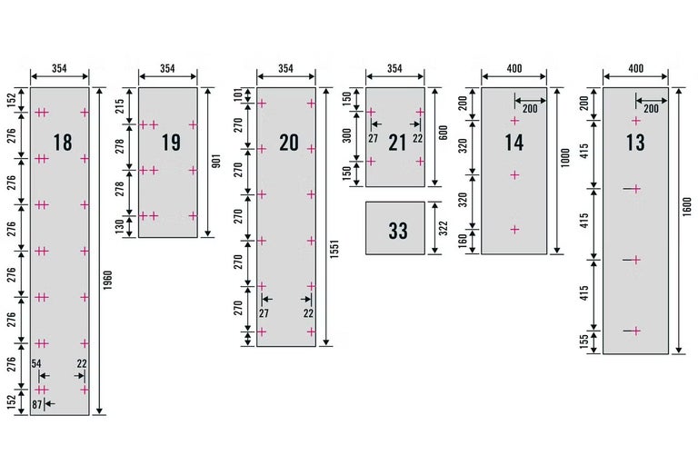 Technický výkres s rozmermi a schémami vŕtania pre rôzne nábytkové panely, očíslované 13 až 33, s rozmermi v milimetroch.