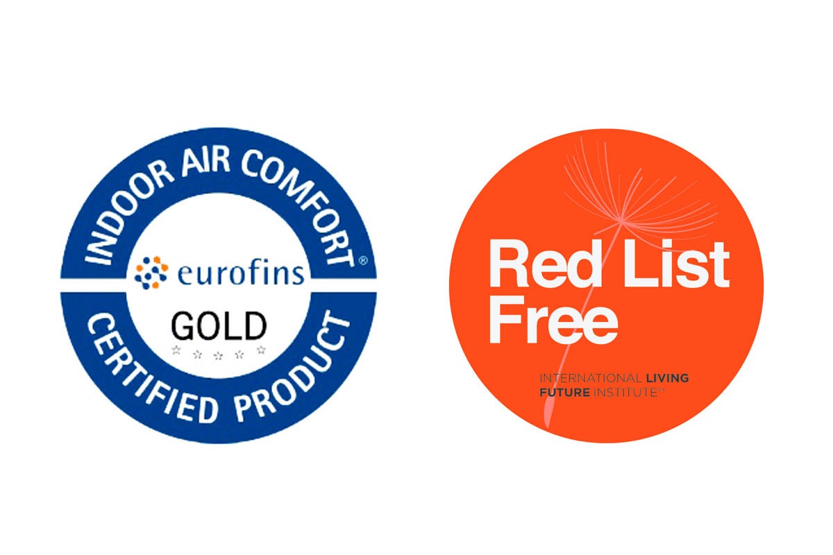 Certifikácia Eurofins Indoor Air Comfort Gold pre nízke emisie a pečať Red List Free pre absenciu škodlivých látok