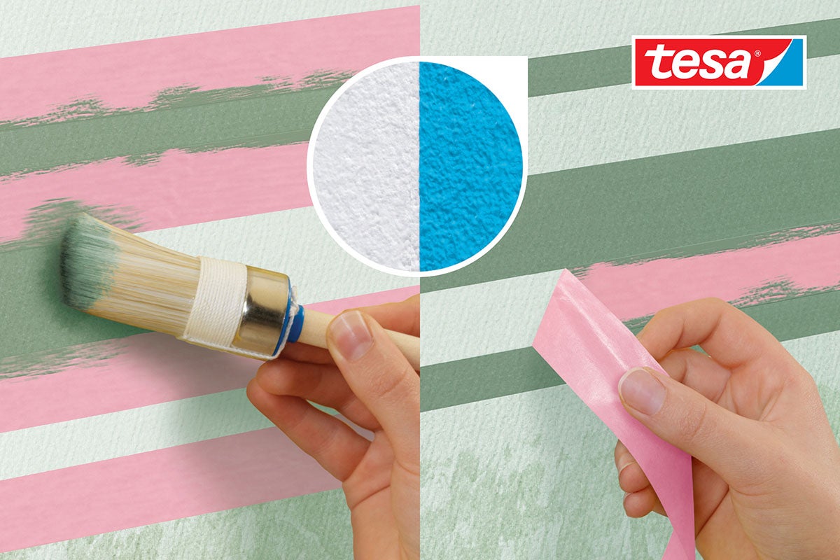 Dekorácia stien s maskovacou páskou a farbou, logo Tesa