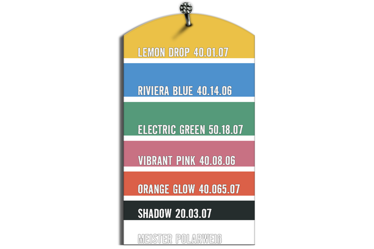 Farebný vzorkovník s odtieňmi ako Lemon Drop, Riviera Blue, Electric Green, Vibrant Pink, Orange Glow, Shadow a Meister Polarweiss