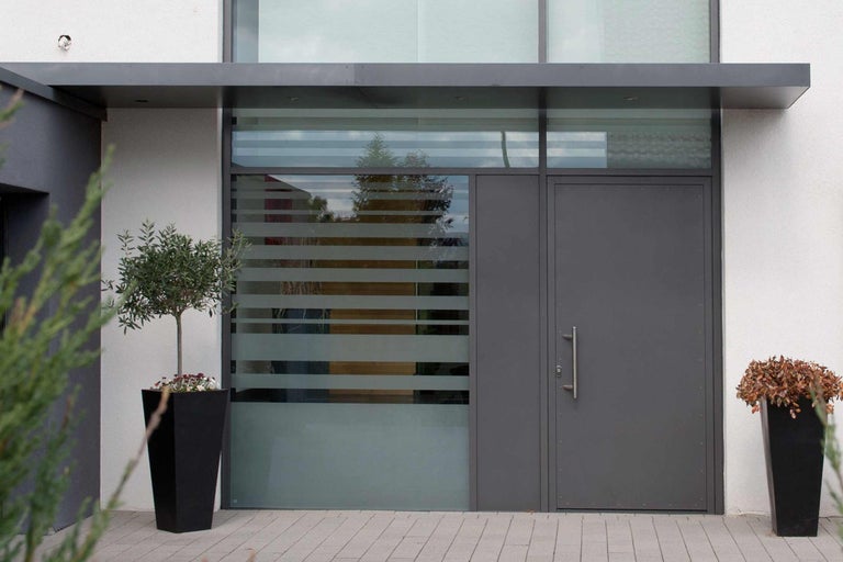 Moderné vchodové dvere s bočným panelom a svetlíkom, doplnené kvetináčmi