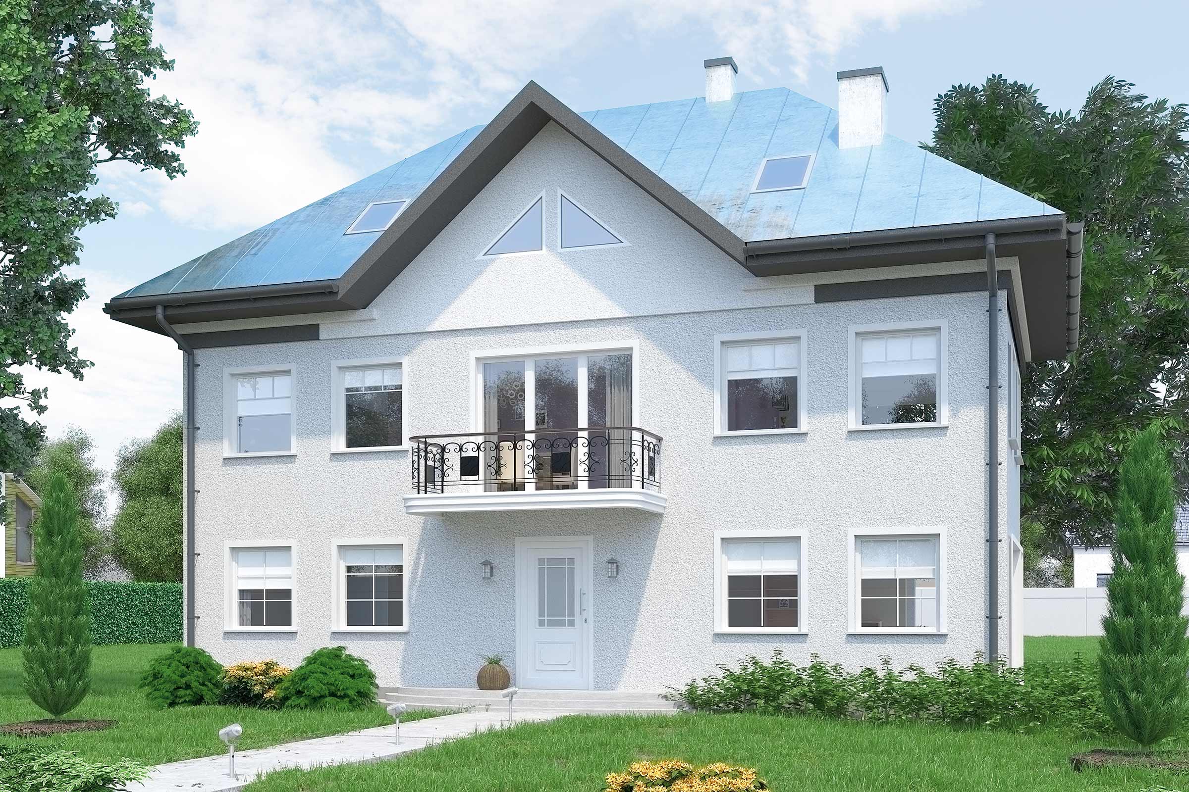 Pohľad na dvojpodlažný dom s balkónom a strešnými oknami