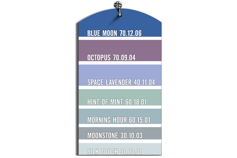 Vzorkovnica farieb s odtieňmi ako Blue Moon, Octopus, Space Lavender, Hint of Mint, Morning Hour, Moonstone a Silk Touch.