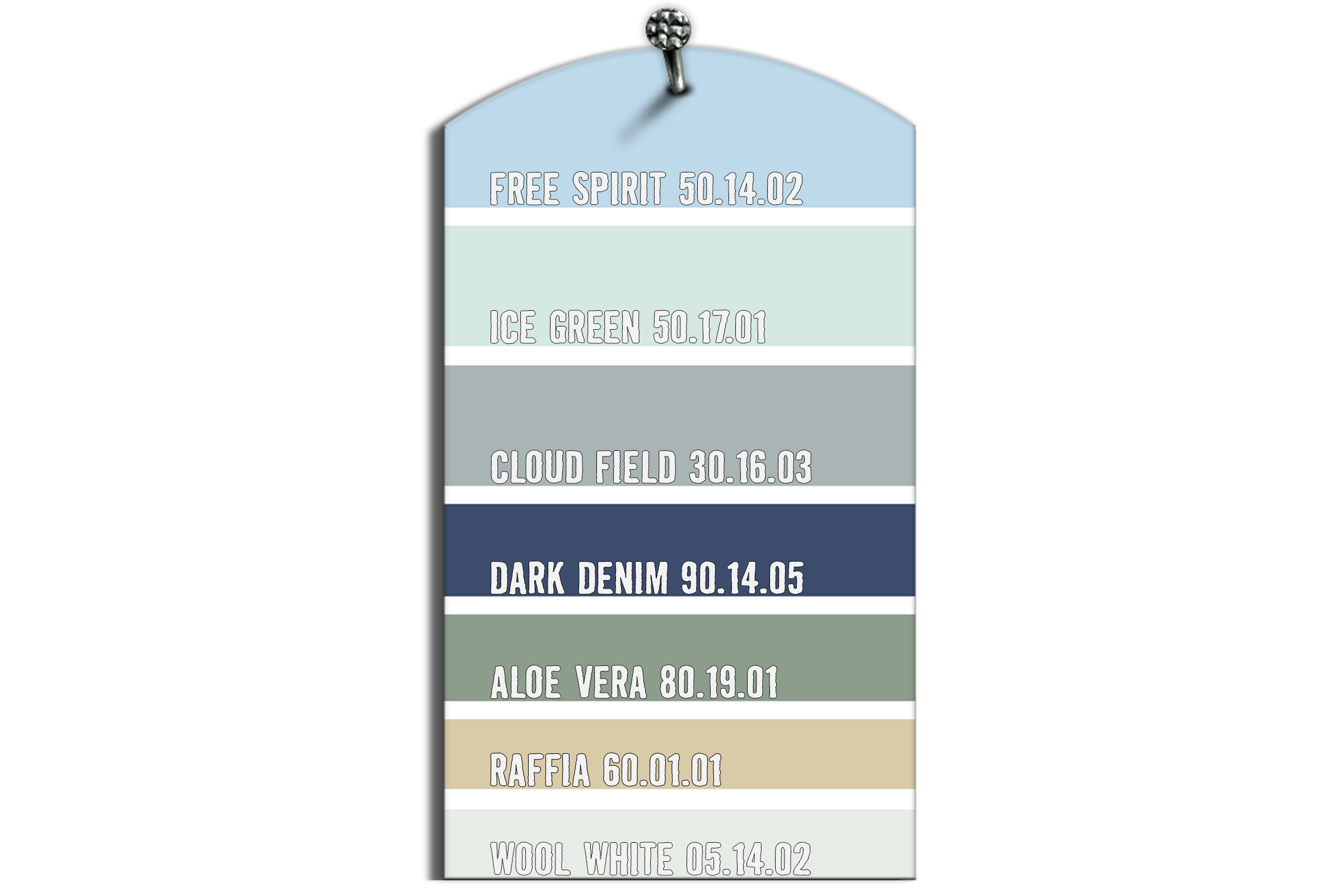 Farebný vzorkovník s rôznymi odtieňmi: Free Spirit, Ice Green, Cloud Field, Dark Denim, Aloe Vera, Raffia, Wool White
