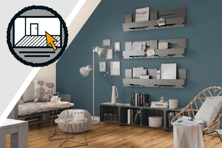 Obývacia izba s policami, sedadlami a podlahovou krytinou a tiež ikona pre priestorové plánovanie.