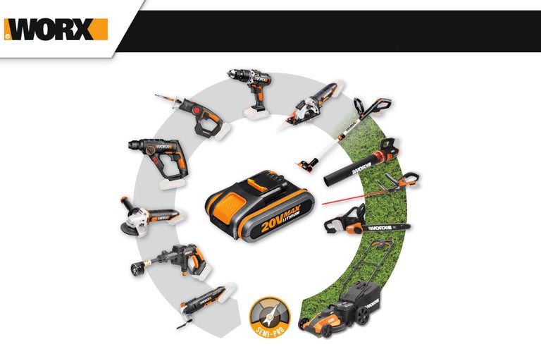 Sortiment elektrického náradia Worx s 20V Max lítiovou batériou, vŕtačka, píla, uhlová brúska, kosačka na trávu a ďalšie