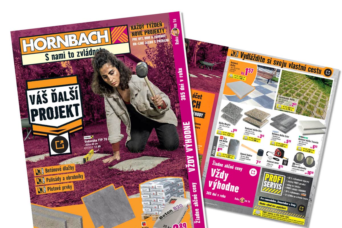 Hornbach Logo, leták na záhradné projekty: žena kladie betónovú dlažbu, výber dlaždíc, palisády, gumové kladivo, zvinovací meter a Profi servis.