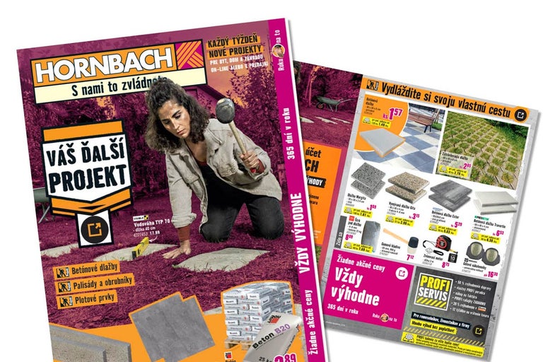 Hornbach Logo, leták na záhradné projekty: žena kladie betónovú dlažbu, výber dlaždíc, palisády, gumové kladivo, zvinovací meter a Profi servis.