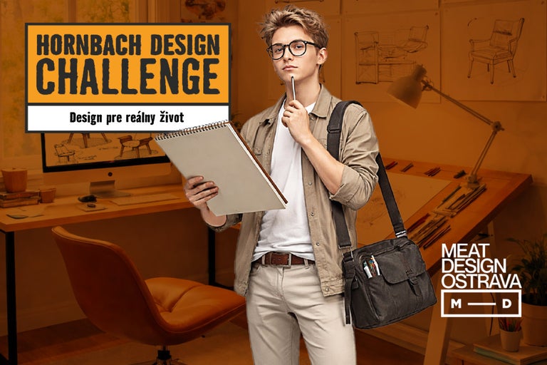 Banner Hornbach Design Challenge: Design pre reálny život, s mladým dizajnérom so skicárom v štúdiu a logo Meat Design Ostrava.