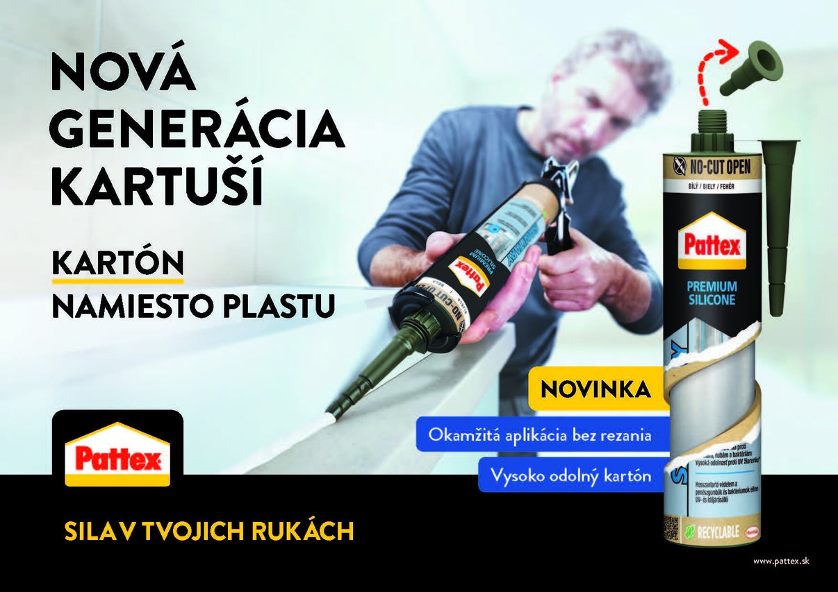 Pattex Premium Silicone v recyklovateľnej kartónovej kartuši, okamžité použitie bez rezania, muž tmelí škáru, Pattex Logo.