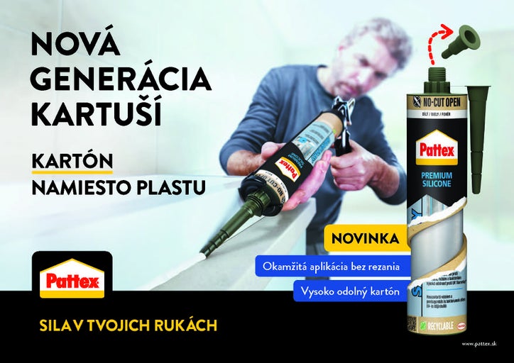 Pattex Premium Silicone v recyklovateľnej kartónovej kartuši, okamžité použitie bez rezania, muž tmelí škáru, Pattex Logo.