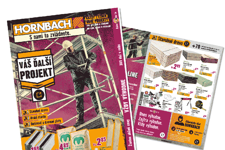 Leták Hornbach s Hornbach Logo, stavebným robotníkom na lešení, rezivom, vrecami cementu a náradím s cenami.