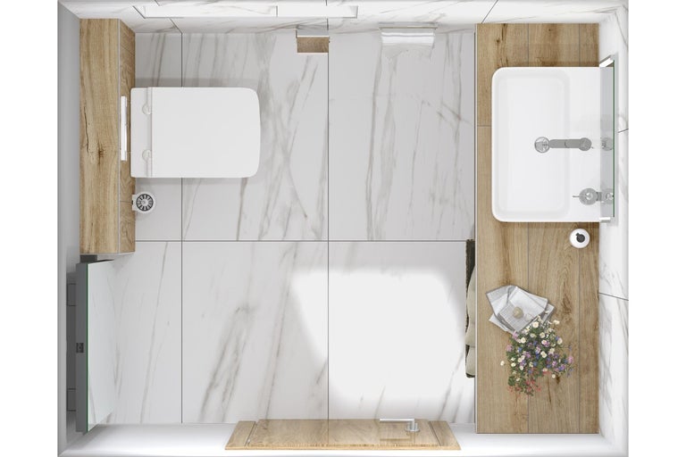 Pohľad zhora na kúpeľňu s toaletou, umývadlom, zrkadlom a dlažbou.