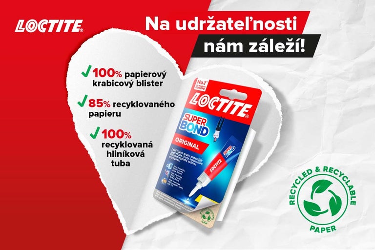 Lepidlo Loctite Super Bond s informáciami o udržateľnosti na obale