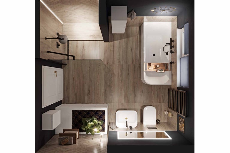 Pohľad z vtáčej perspektívy na kúpeľňu s vaňou, sprchou, umývadlom a toaletou vo svetlom drevenom prevedení