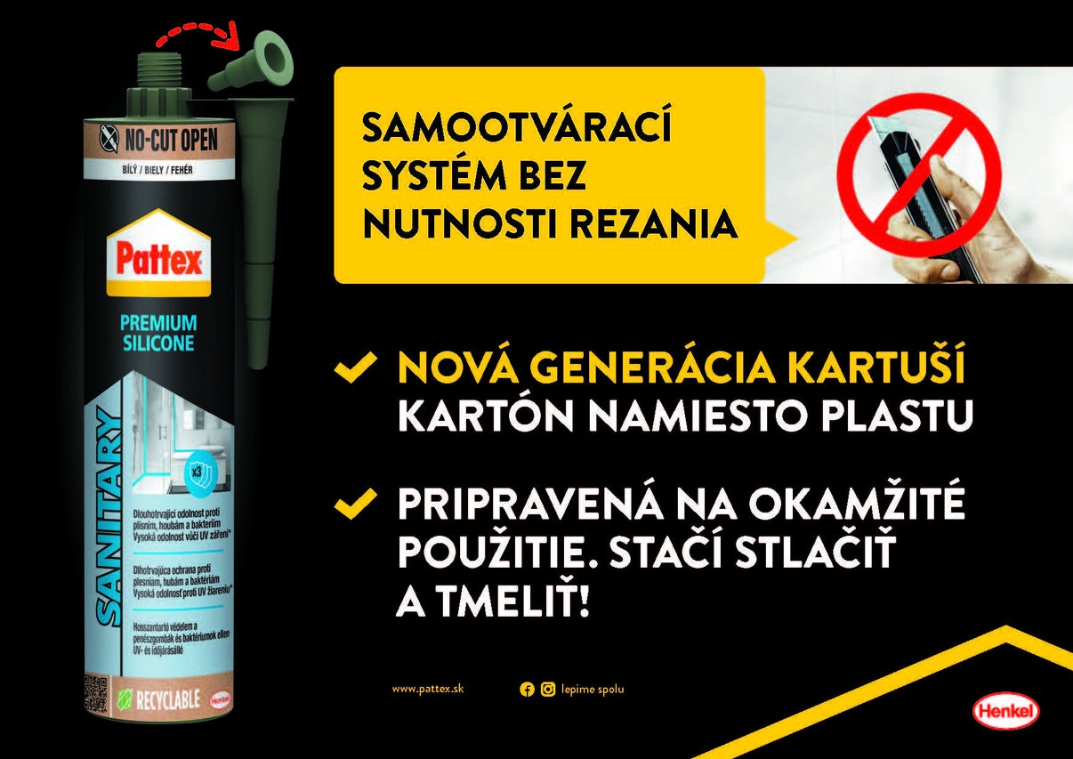 Pattex Premium Silikón Sanitárny v recyklovateľnej kartónovej kartuši so samoatváracím systémom bez nutnosti rezania. Henkel Logo.